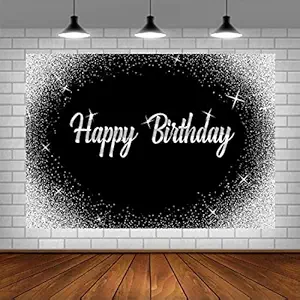 Happy Birthday Backdrop Glitter Silver Dots and Black Photography Background 5x3ft Birthday Party Decorations Banner for Any Age Men Women