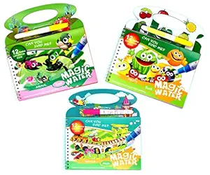 Paaroots Set of 3 Reusable Magic Water Painting Books with Magic Doodle Pen Kids Coloring Drawing Board Games Child Educational Toy(12 Scenes Each) Water Painting for Kids (2 Years+ Toddlers)