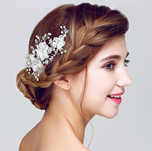 Miya® 1Stück MEGA Glamour Braut Kamm Steckkamm Haarkamm mit vier wunderschöne Blumen aus sanft Tüll Perle und Kristallen, Braut Schmuck Hochzeit Jugendweihe Haarschmuck, Form YY02 - 4