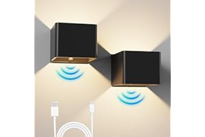 WRMING 2 Stück Akku Wandleuchte mit Bewegungsmelder, 5W Aufladbare Wandleuchte Innen Ohne Stromanschluss, 3000mAh, 3000K Kabellose Wandlampe Akku für Treppe, Flur, Schlafzimmer, Schwarz