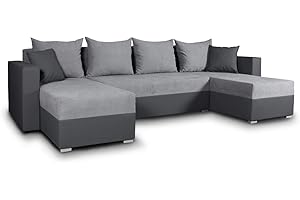‎SOFNET Wohnlandschaft mit Schlaffunktion Beno - U-Form Couch, Ecksofa mit Bettkasten, Couchgranitur mit Bettfunktion, Polsterecke, Big Sofa, Polstergarnitur (Dunkelgrau + Grau (Cayenne 1118 + Enjoy 21))