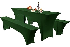‎SHUOJIA Elastische Hussen Für Bierzeltgarnitur Biertischhussen Bierbank-Auflage & Tischdecke 50 cm Oder 70 cm Tischbreite, 3 TLG Set Stretch Hussen Für Festzeltgarnituren Bierbank (70cm,Forest Green)