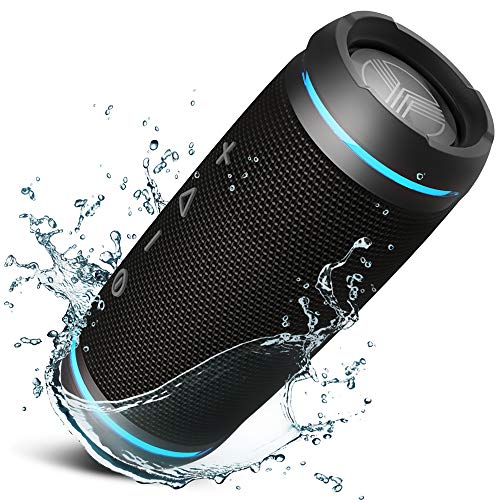 TREBLAB HD77 Revolucionario altavoz Bluetooth portátil, 360 ° de verdadero estéreo inalámbrico, sonido de 25 W HD, graves potentes, 12 h de juego, LED ambiente, mejor para deportes al aire libre IPX6