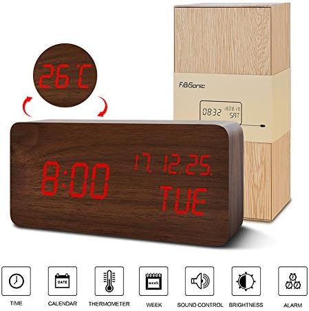 Alarm Clock, FiBiSonic Multi-function Digital Alarm Clock Table Desk Night Light Clock Night Light with USB/Battery Powered (brown-red)…