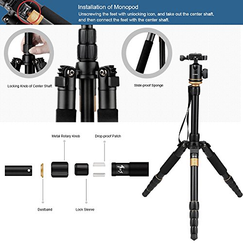 Andeor tr  pied professionnel en alliage d aluminium  tr  pied pliable multifonctionnel hauteur d untilisation agr  able 72 5-132 5cm pour Canon Nikon Sony Panasonic DSLR