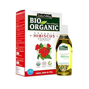 INDUS VALLEY Hibiscus Powder | Hibiscus rosa-sinensis - 100% Organic, Pure and Natural For Hair & Skin With Extra Virgin Olive Oil, Massage Oil (100g+100ml)