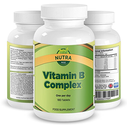 Compuesto de Vitamina B, Suplemento de Alta Potencia, Contiene Todas las 8 Vitaminas B, B1, B2, B3, B5, B6, B12, D ­Biotina y Ácido Fólico, Suministro para 6 meses, Producido en UK - 180 pastillas