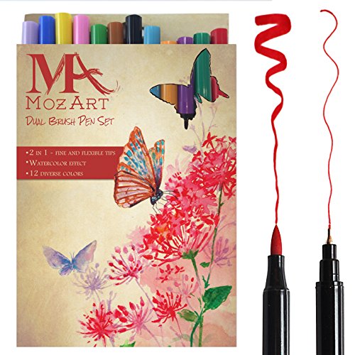 Set de rotuladores con doble punta de pincel- 12 colores - alta calidad, crea un efecto acuarela - Ideal para libros para colorear para adultos, manga, bullet journal, caligrafía - MozArt Supplies