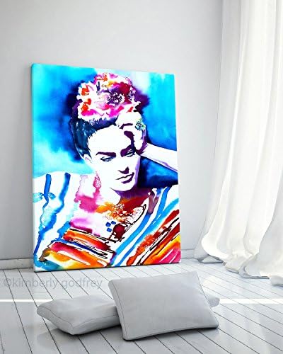 Frida Kahlo Art Print of Original Watercolor Portrait Painting Bright Blue Pink Flowers 1940s Salon Decor