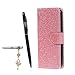 Produktbild Samsung Galaxy A7 ( 2017 ) Hülle, Samsung Galaxy A7 ( 2017 ) Schutzhülle, Alfort 3 in 1 Lederhülle Bling Glitter Fashion Design Premium PU Leder Hohe Qualität Tasche Case Cover Kasten Abdeckung Wallet für Samsung Galaxy A7 ( 2017 ) 5.7" Smartphone Funktion Standfunktion Unterstützte Telefone und Magnetverschluss ( Rosa ) + Alfort Schwarz Stylus Pen + Netter Staub Stecker