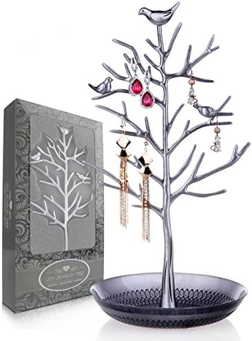 Joy Jewelry Tree | Luxurious Jewelry Stand Display Rack Tower. Size: Tall and Large (15 cm W x 33 cm H). Necklace Earring Bracelet Anklets Holder Organizer (Silver)
