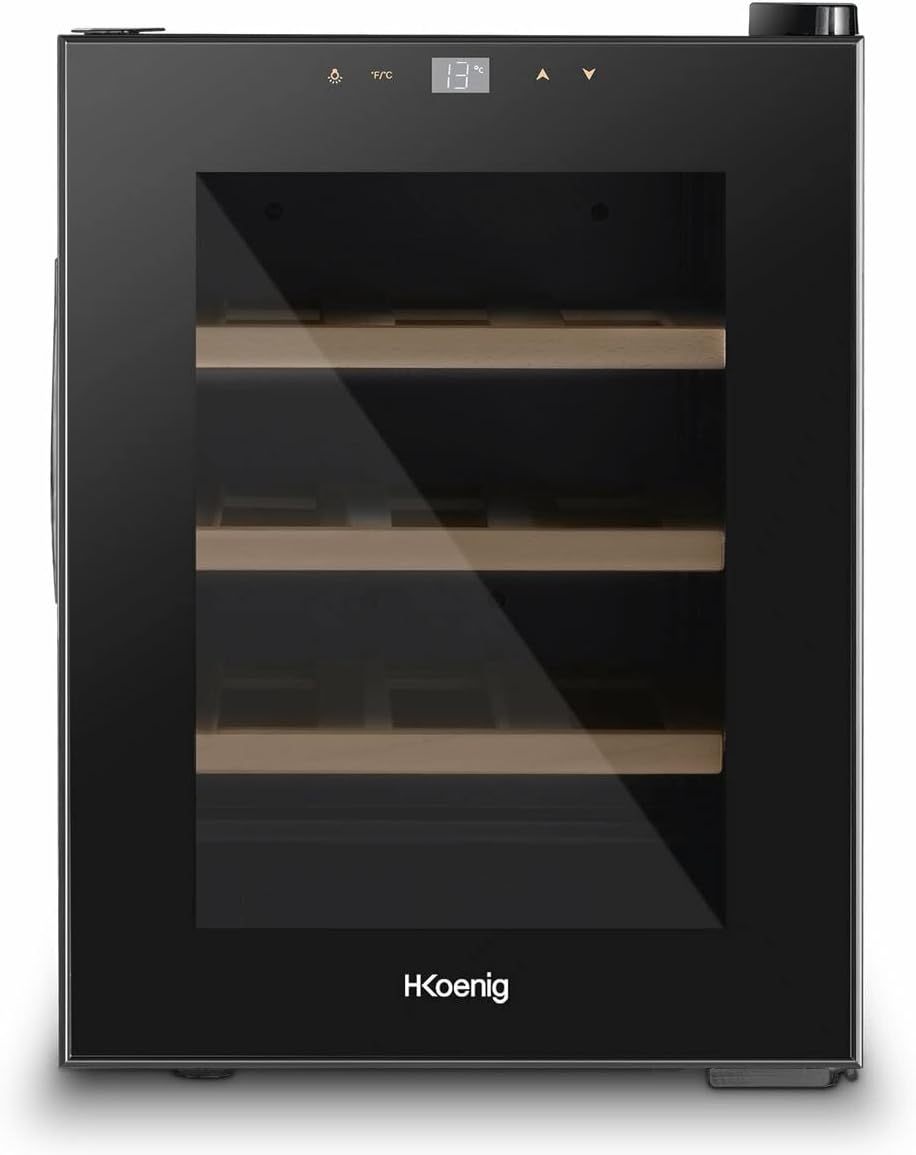 H.Koenig Vinoteca 12 Botellas AGE12, 31 L, Profesional Acero Inoxidable, Refrigerante, Termoeléctrica, Regulable de 8°C a 18°C, Silenciosa, Iluminación Interior, 3 Estantes, Negro
