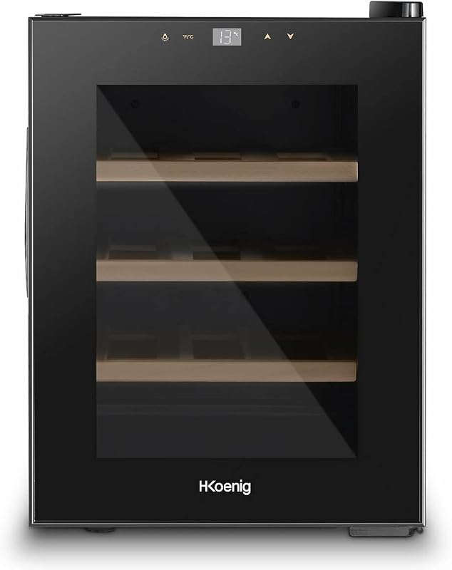 H.Koenig Vinoteca 12 Botellas AGE12, 31 L, Profesional Acero Inoxidable, Refrigerante, Termoeléctrica, Regulable de 8°C a 18°C, Silenciosa, Iluminación Interior, 3 Estantes, Negro
