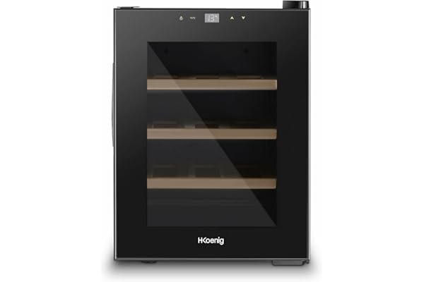 H.Koenig Cave à Vin de Conservation 12 bouteilles AGE12, 31 L, Professionnelle Inox, Réfrigérante, Thermoélectrique, Réglable de 11°C à 18°C, Silencieuse, Eclairage intérieur, 3 Etagères, Noir