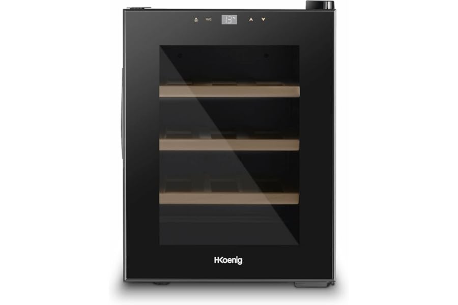 H.Koenig AGE12 31L Professional Stainless Steel Wine Cellar 12 Bottles Thermoelectric Cooler Adjustable from 8°C to 18°C Quiet Interior Lighting 3 Shelves Black