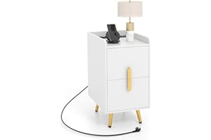 COSTWAY Stolik nocny ze stacją ładującą, wąski, stolik nocny z 2 szufladami i portami USB, stolik pomocniczy z metalowymi nogami, stolik nocny do sypialni, salonu, 32 x 40 x 60 cm (biały)