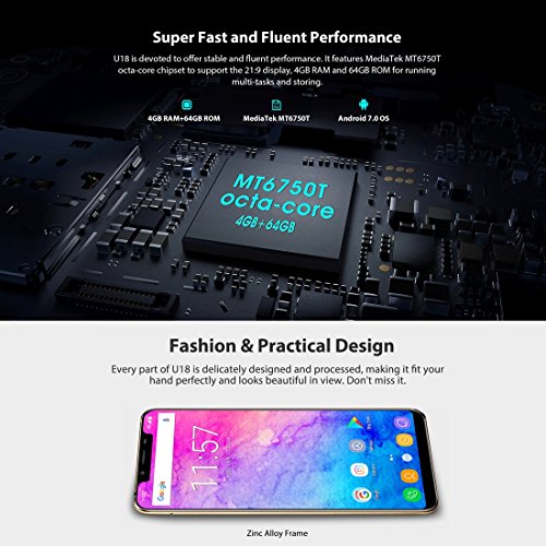 Oukitel Smartphone U18Â sbloccato da 4Â GB + 64 GB, con doppie telecamere posteriori, identificazione facciale + impronte digitali, 5,85â€, Android 7.0,Â MTK6750T Octa Core fino a 1,5Â GHz, supporta rete 4G, doppia SIM