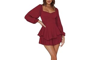 Tyolakuen Women Ruched Ruffle Romper Dress Solid Color Off Shoulder Lantern Long Sleeve Square Neck Ruched Ruffled Mini Short Romper
