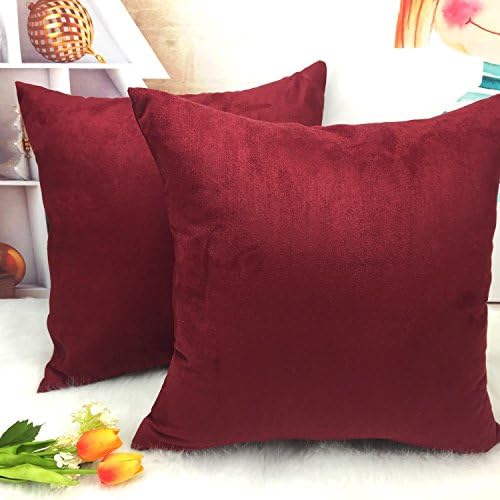 Pack of 2,Velvet Suede Soft Solid Color Decorative Square Throw Pillow Covers Set Cushion Cases PillowCases for Sofa Bedroom Car 18 x 18 (Burgundy)