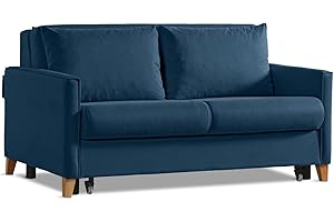 EVERGREENWEB MATERASSI & BEDS EVERGREENWEB - Divano Letto a 2 posti con Materasso 140x190, Sofà Soggiorno con zampe in legno designo Moderno e 2 Cusini in omaggio, Blu | Malion