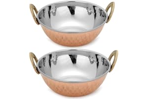 Zap Impex Lot de 2 plats indiens en cuivre martelé en acier inoxydable Karahi pour plats indiens et curry 17 cm de diamètre