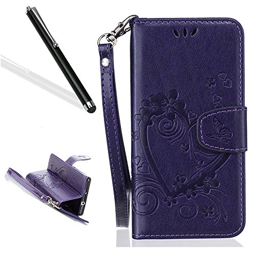 Galaxy J5 2016 Case,Galaxy J5 2016 Wallet Case,Leeook Retro Elegant Pretty Creative Purple Embossing Love Heart Butterfly Flower Flip PU Leather Fold Wallet Pouch Case with Strap Stand Credit Card ID Cash Holders Book Style Stand Function Magnetic Closure Case Cover for Samsung Galaxy J5 2016 + 1x Black Stylus
