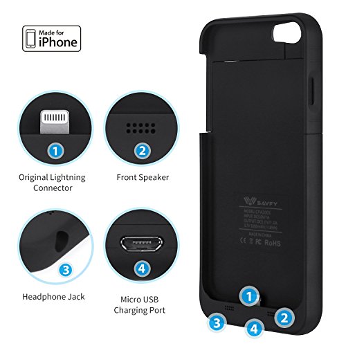 iPhone 6S Battery Case [Apple MFi Certified] SAVFY 3200mAh Rechargeable Extended Charging Battery Case for iPhone 6 / iPhone 6s 4.7 inch Slim Portable Charger Backup Power Bank, Black