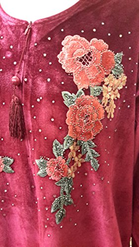 (15099 Burgundy) Ladies Velvet with Mulit-colour Floral Embroidery Long Sleeve Kaftan. 10