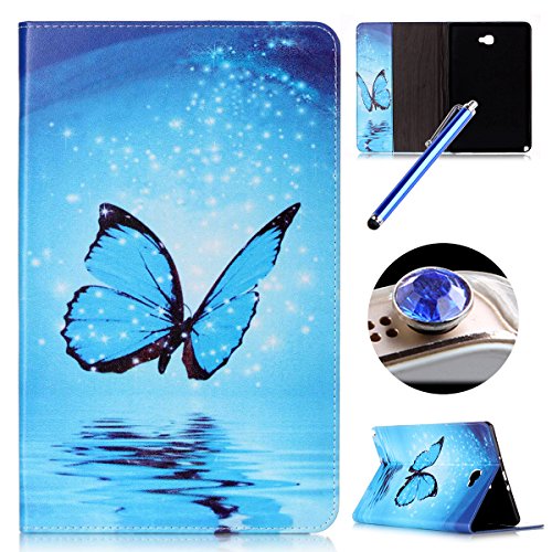 Etsue Kunstleder Schutzhülle für Samsung Galaxy Tab A 10.1 Zoll/P580 Leder Tasche Bookstyle Hülle Flip Case Wallet Cover, Bunte Retro Muster Schutz Hülle Etui Schale Weich TPU Innere mit Magnetverschluss Standfunktion Kartenfächer für Samsung Galaxy Tab A 10.1 Zoll/P580 + 1x Glitzer Staub Stecker + 1x Blau Eingabestift-Butterfly