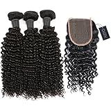 oisk® 6 A sin procesar de Deep Kinky Curly brasileño virgen pelo humano Weaves con cierre de encaje 4 unidades Remy Cabello humano Extensión Color Natural
