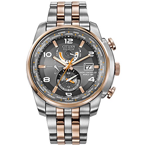 Citizen Watch World Time A.T Men's Quartz Watch with Grey Dial Analogue Display and Multicolour Stainless Steel Plated Bracelet AT9016-56H