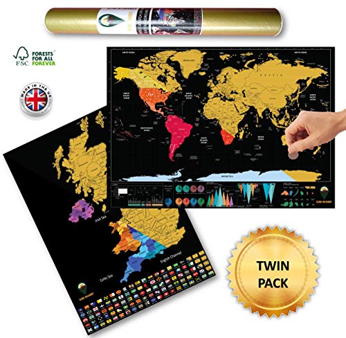Global Walkabout - Mappa del Mondo e del Regno Unito da grattare, con Sfondo colorato, Formato da Viaggio Nero