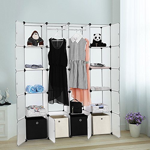 Songmics Interlocking Storage Cube Organiser / Clothes Wardrobe Cabinet with Hanging Rails 145 x 37 x 180 cm White LPC30W