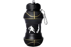 YverLand Botella de agua plegable para niños y niñas sin bpa. Cantimplora infantil para camping, personalizada con tu deporte. Balón de agua compacto para regalo original (Basquet Negra)