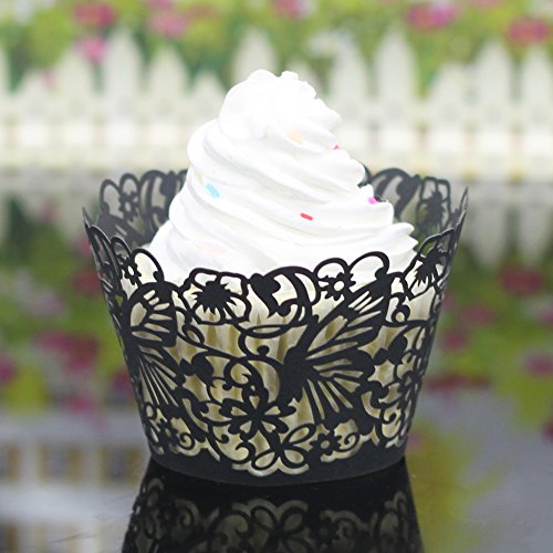 50x Papier Schmetterling Spitze Tasse Kuchen Wrapper Verpackung für Hochzeit Partei Geburtstag Dekor – Schwarz, 80mm - 2