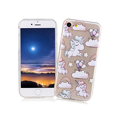 XiaoXiMi Funda iPhone 7 Carcasa de Silicona Transparente con Patr  n de Dise  o Simple Soft Silicone Case Cover Funda Protectora Carcasa Blanda Claro Caso Flexible Suave Caja Delgado Ligero Casco Anti Rasgu  os Anti Choque Carcasa para iPhone 7 - Unicornio Precioso en Nubes