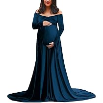 Robe Grossesse Shooting Photo - Manches Longues, épaule Dénudée, Taille Unique Extensible - Pour Séances Maternité