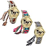 JewelryWe 3PCS Geflochten Damen Armbanduhr,Seil Band Analog Quarz Uhr,Nationale Wind Retro Pferd Zifferblatt, Einstellbar Damenuhr