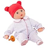 Look Muffin Junge: Dieser kleine Muffin trägt einen weißen Strampler mit blauen Punkten und roten Highlights sowie eine niedliche rote Mütze mit Ohren - mit seinem eigenen Schnuller ist er fertig fürs Bettchen.