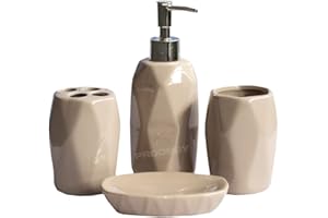 PRODBUY HOME 4 Piece Geometric Bathroom Sink Accessories Set Lotion Dispenser Soap Holder Tumbler (Beige)