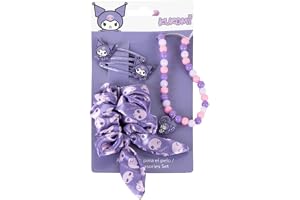 My sweety pop | Kuromi skönhetsset | 4 tillbehör | Lila | Officiellt licensierade Sanrio-tillbehör inklusive scrunchie pärlhalsband och klämmor för barnstil.