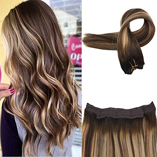 Easyouth Wire Hair Extensions Balayage Brown Fish Line Hair Extensions Human Ombre Brown to Honey Blonde Wire Extensions 14 Inch 70g