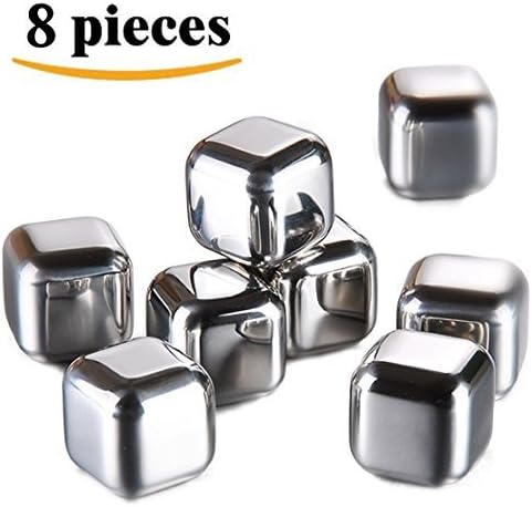 LEasylife Stainless Steel Whiskey Stones, Reusable Ice Cubes Chilling Stones Rocks for Wine, Beer, Beverage, ( Set of 8, Rubber Tip Tongs, Ice Tray with Lid