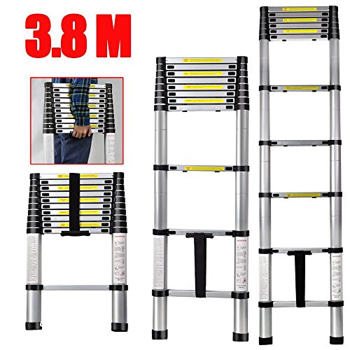 Preisvergleich Produktbild CDC® Aluminium Teleskop Leiter Haushalt zusammenklappbar Treppe Leiter Aluminium fodable ausziehbar Verlängerung Schritte Leiter Max., 3.8m