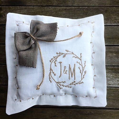 Ring Bearer Cushion White or Ivory Linen Personalized Embroidered Monogram Grey Ecru Ribbon Ties