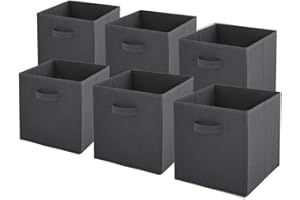 Box and beyond - Lot de 6 Paniers de Rangement - 27 x 27 x 27 cm - Tissu Gris - Pliables - Avec Poignées - Rangement, Déco - Chambre, Salon, Bureau - Style Moderne