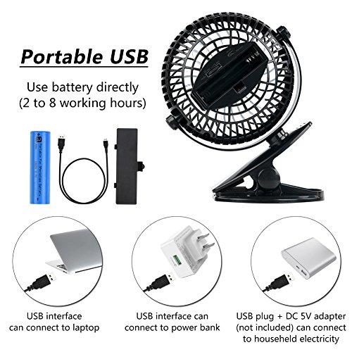 TTMOW USB angetriebener Klipp-Ventilator, beweglicher Schreibtisch-Ventilator, ruhiger Betrieb Kühlventilator für Hauptbüro, mit 1800mah 18650 nachladbare Batterie, Schwarz - 5