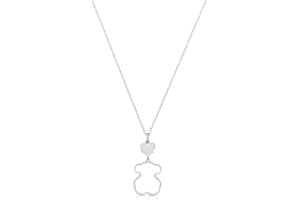 TOUS Collar de Plata de Primera Ley para Mujer con Colgante de Oso de 19 mm y Corazón de 8.6mm, 45 cm de Largo, Elegante y Versátil, Colección Silueta