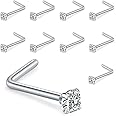 Liuxn 10 Piece Curved Nose Stud Steel Nose Ring Cubic Zirconia L Bend Bar Piercing Jewelry, 20 Gauge