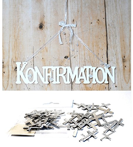 Türschild Schild Schriftzug Konfirmation weiss aus Holz Kunststoff mit Schmuckbändern 9 x 39 cm
